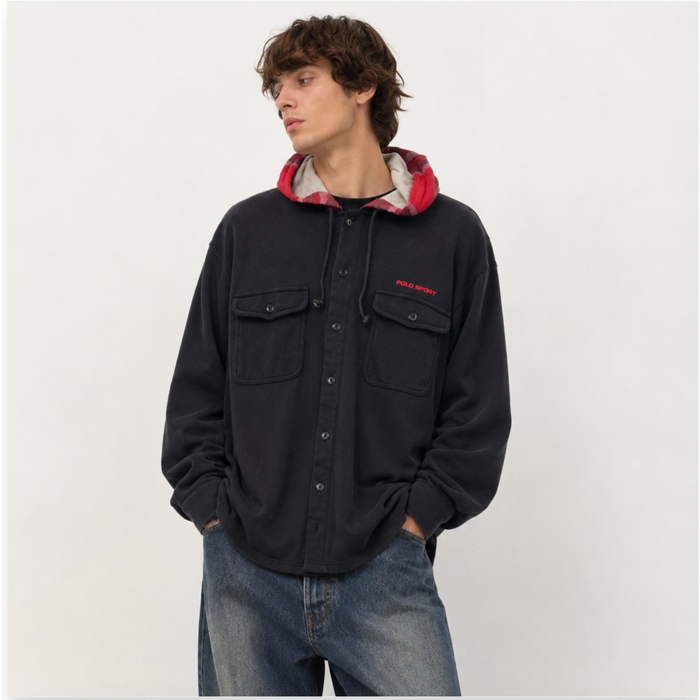 Vtg 90s Ralph Lauren Polo Sport Shacket Men M Black Plaid Hood Button Streetwear